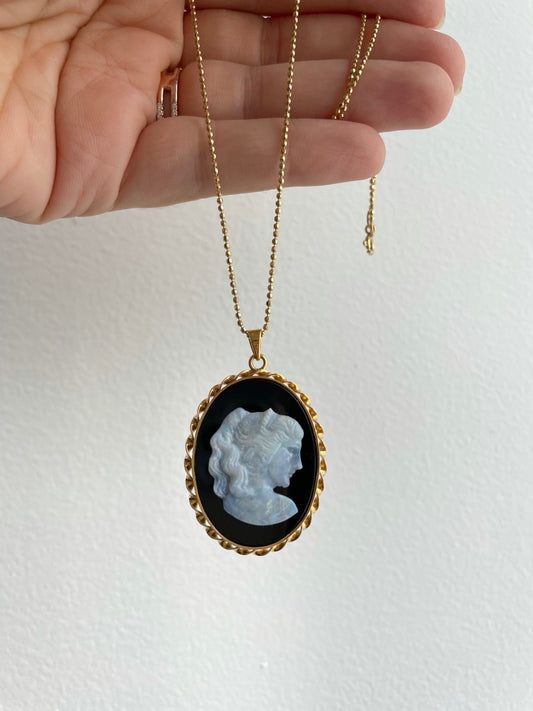 Vintage Opal and Onyx Cameo Pendant