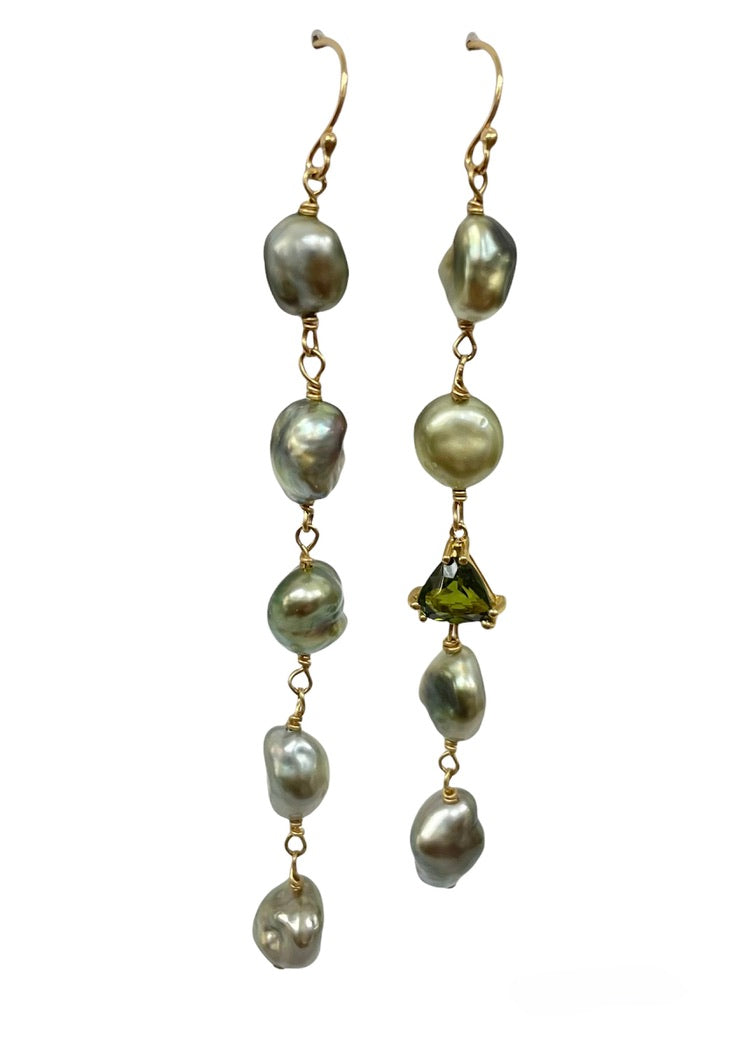 Green Tahitian Pearls & Green Tourmaline Earrings 14k Gold