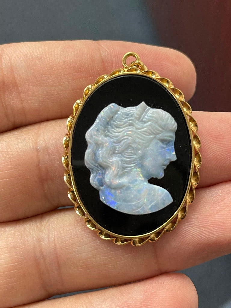 Vintage Opal and Onyx Cameo Pendant