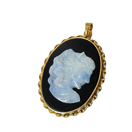 Vintage Opal and Onyx Cameo Pendant