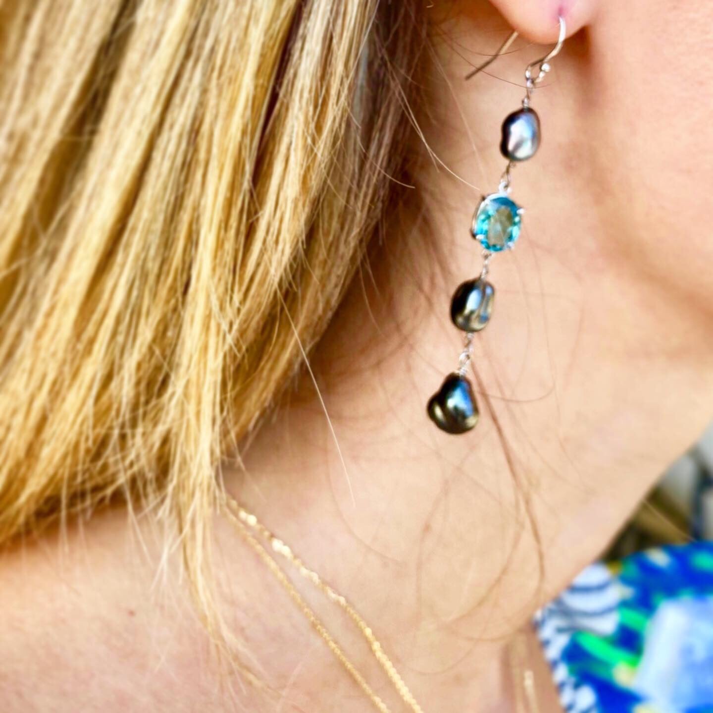 Dripping KESHI Tahitian Pearl & Blue Tourmaline Earrings