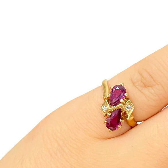 Double Ruby Pear and Diamond Ring