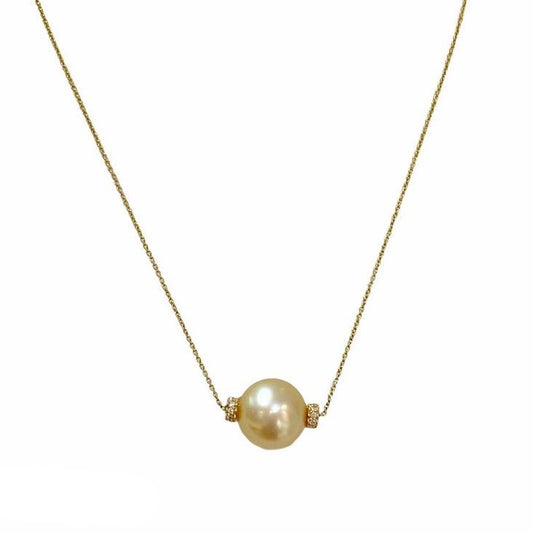 Natural Golden South Sea Pearl set with 2 diamond rondells on 14k chain