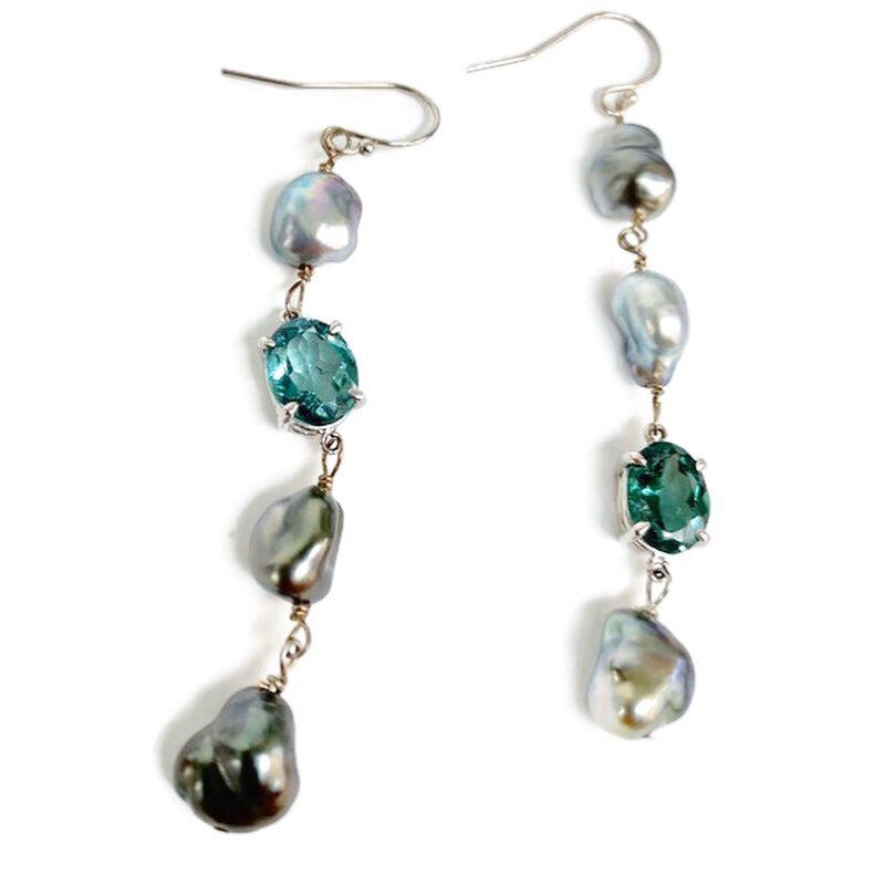 Dripping KESHI Tahitian Pearl & Blue Tourmaline Earrings