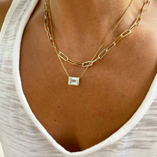 Emerald Cut Blue Topaz Bezel Pendant