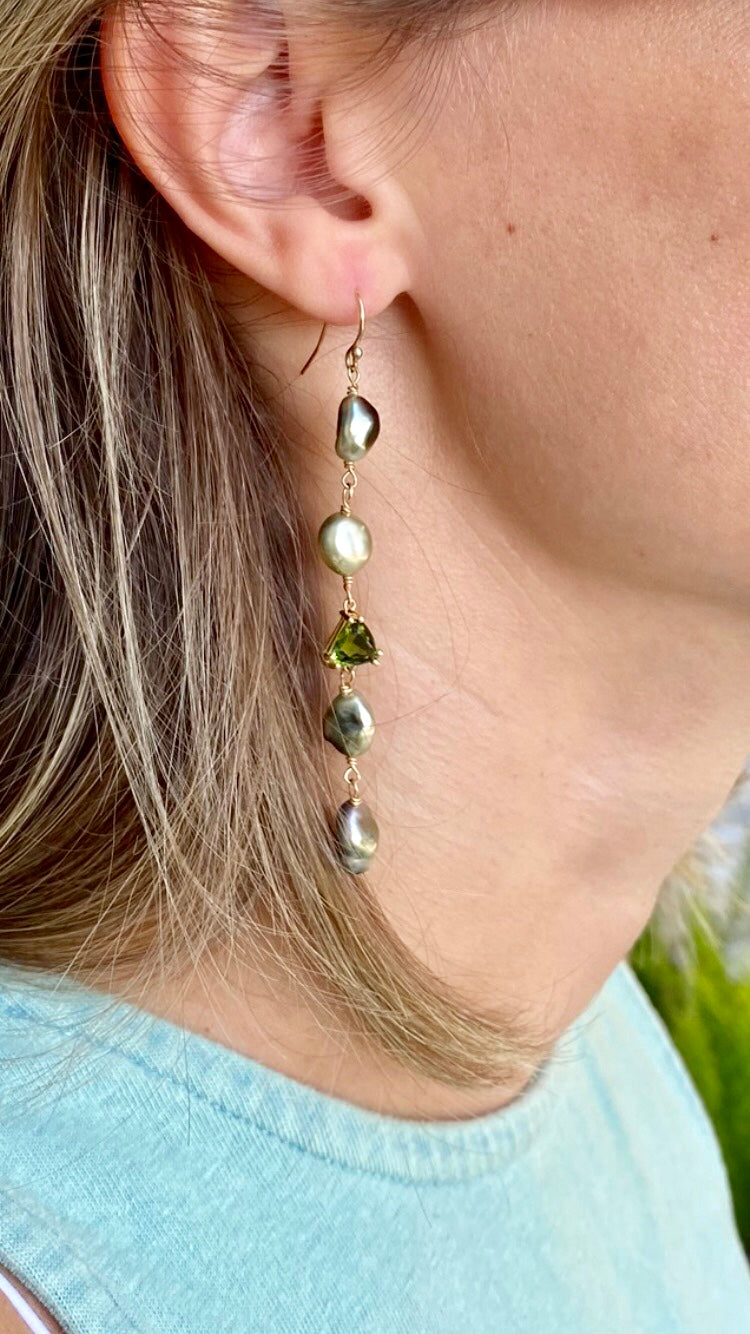 Green Tahitian Pearls & Green Tourmaline Earrings 14k Gold