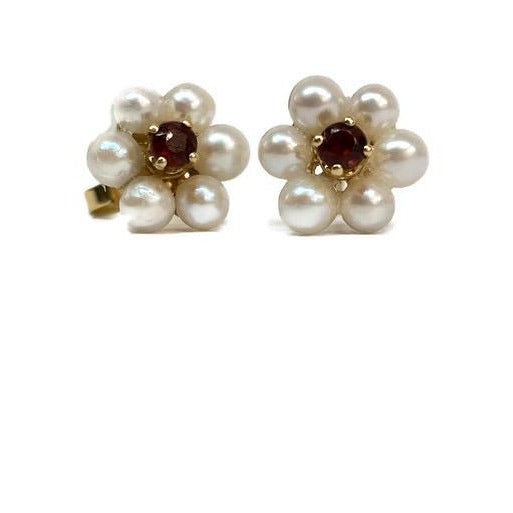 Mini Pearl and Ruby Flower Earrings