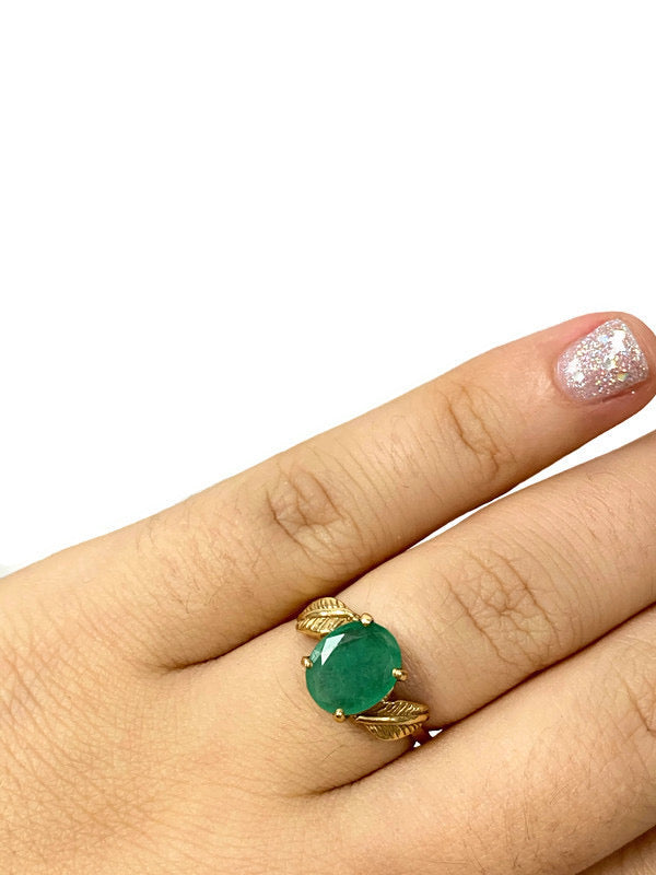 Oval Emerald and Gold Leaf Ring