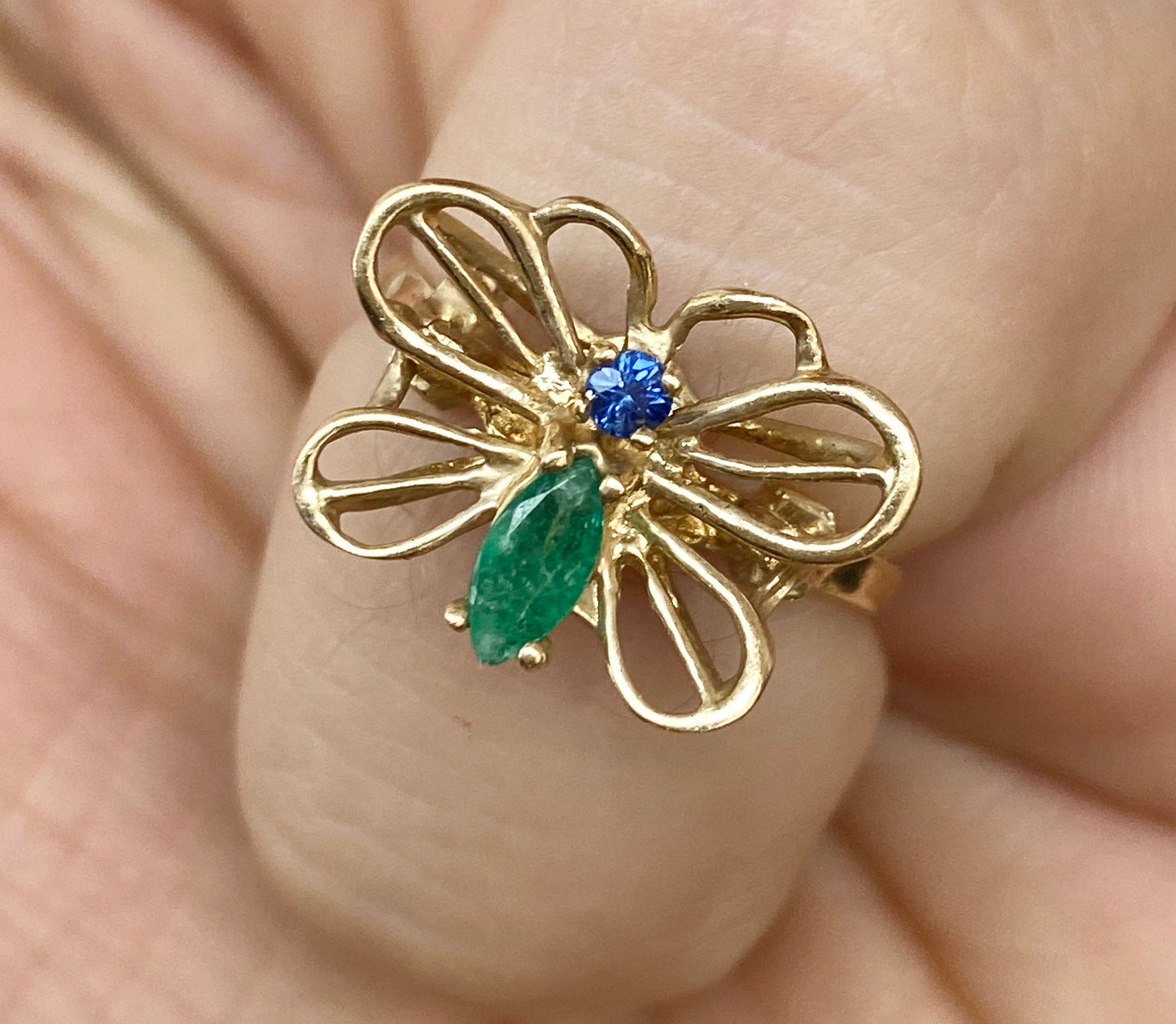 Butterfly Emerald and Sapphire Ring 14k