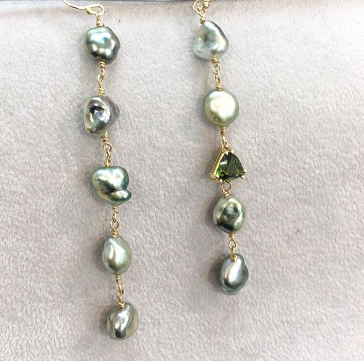 Green Tahitian Pearls & Green Tourmaline Earrings 14k Gold